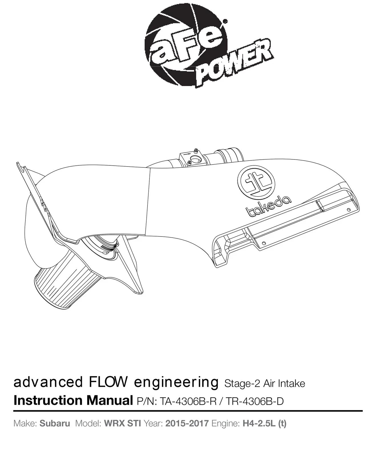 aFe Takeda Stage 2 Pro 5R Intake System 15-17 Subaru STI H4-2.5L (t)