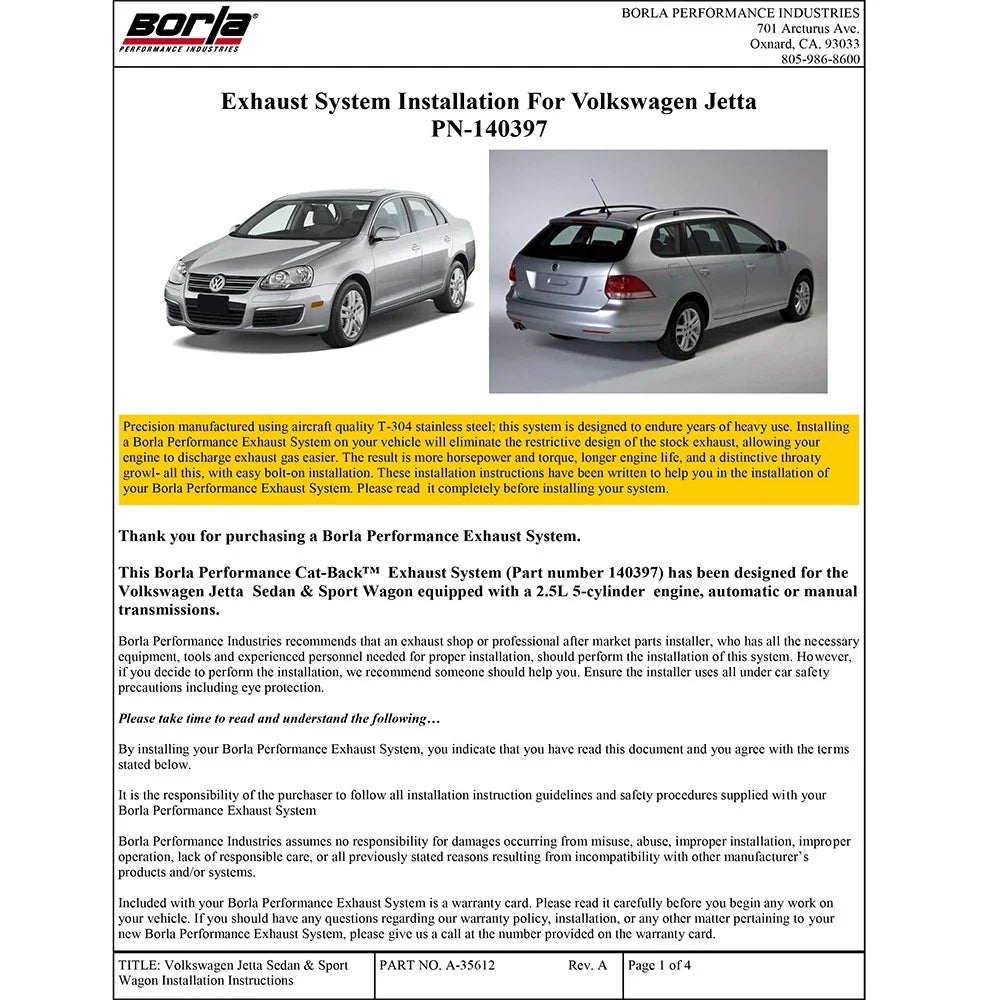 Borla 06-07 VW Jetta 2.5 / 08-10 Jetta SEL/SE/S SS Catback Exhaust