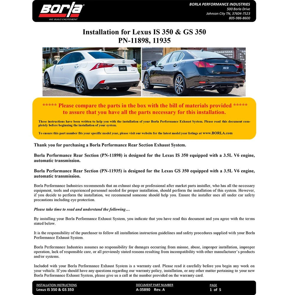Borla 14-16 Lexus GS350 3.L AT S-type Exhaust (rear section only)