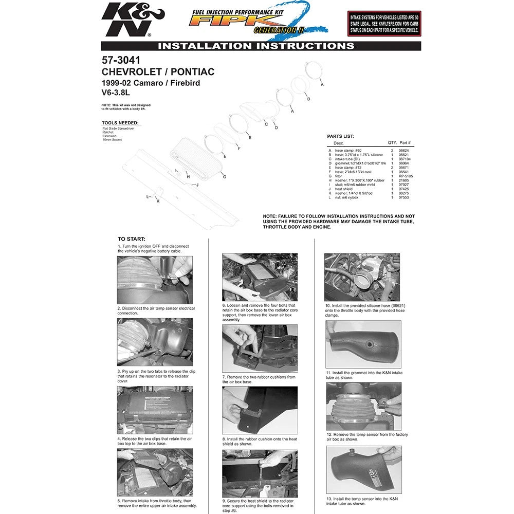 K&N 99-02 Camaro/Firebird V6-3.8L Performance Intake Kit