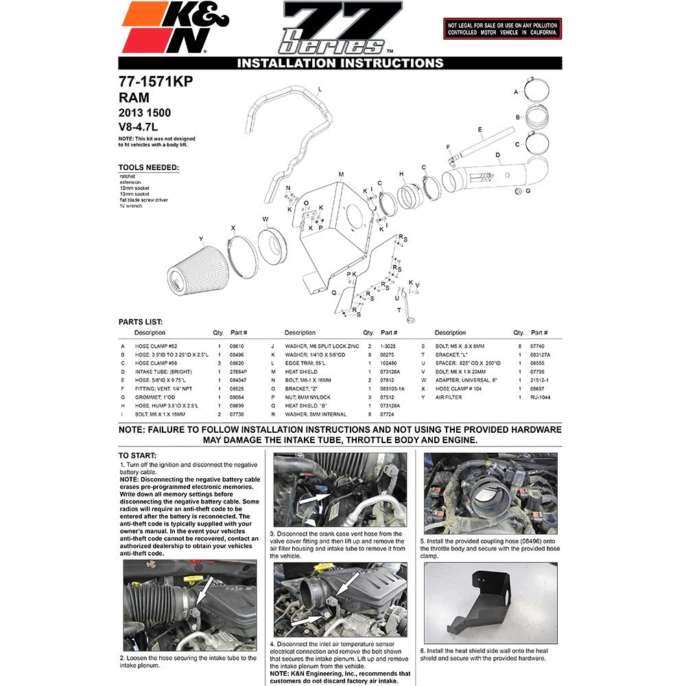 K&N 2013 Dodge Ram 1500 V8-4.7L High Flow Performance Air Intake Kit