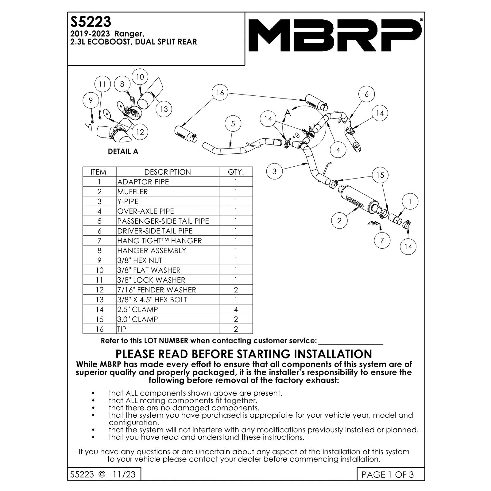 MBRP 19-20 Ford Ranger 2.3L 3in Dual Split Rear Outlet 4in OD Tips Black Coated Cat Back Exhaust