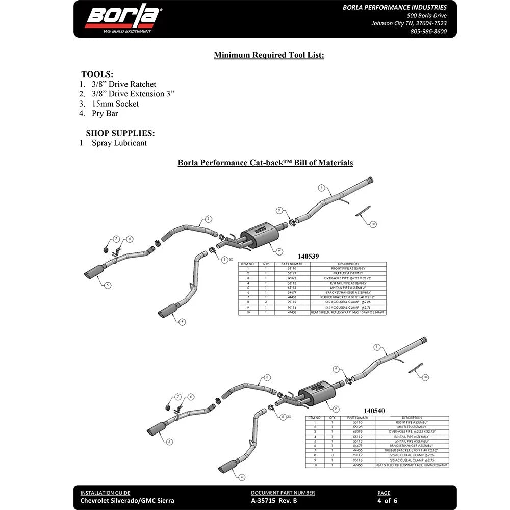 Borla 14 Sierra 1500 C/B S-Type Exhaust/2.75in Into Dual 2.25in Out 4in Split Rear Exit-Black Chrome