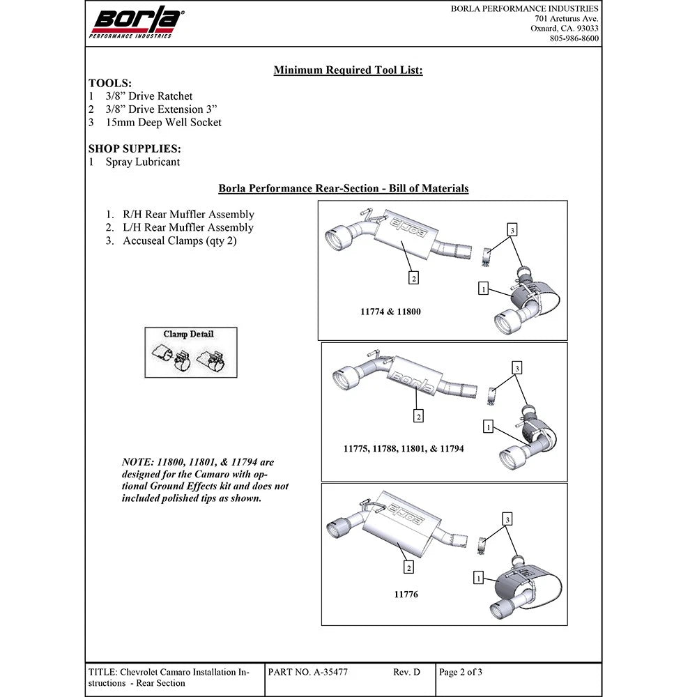 Borla 10-11 Chevy Camaro SS Coupe/Convertible 6.2L 8cyl SS S-Type Exhaust (REAR SECTION ONLY)