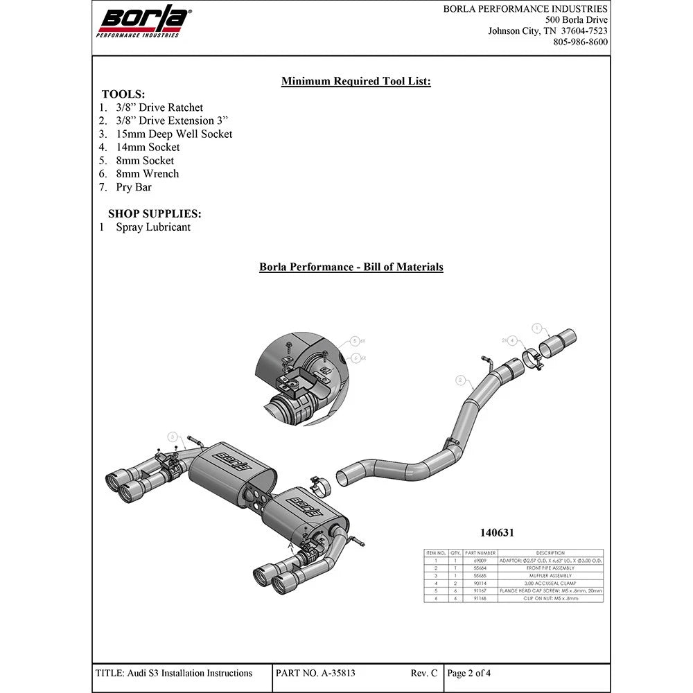 Borla 13-15 Audi S3 S-Type Dual Round Rolled Catback Exhaust
