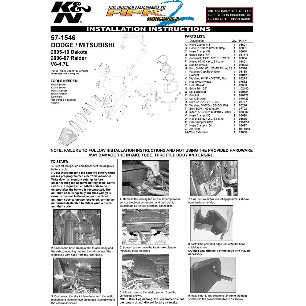 K&N 05-06 Dodge Dakota V8-4.7L Performance Intake Kit