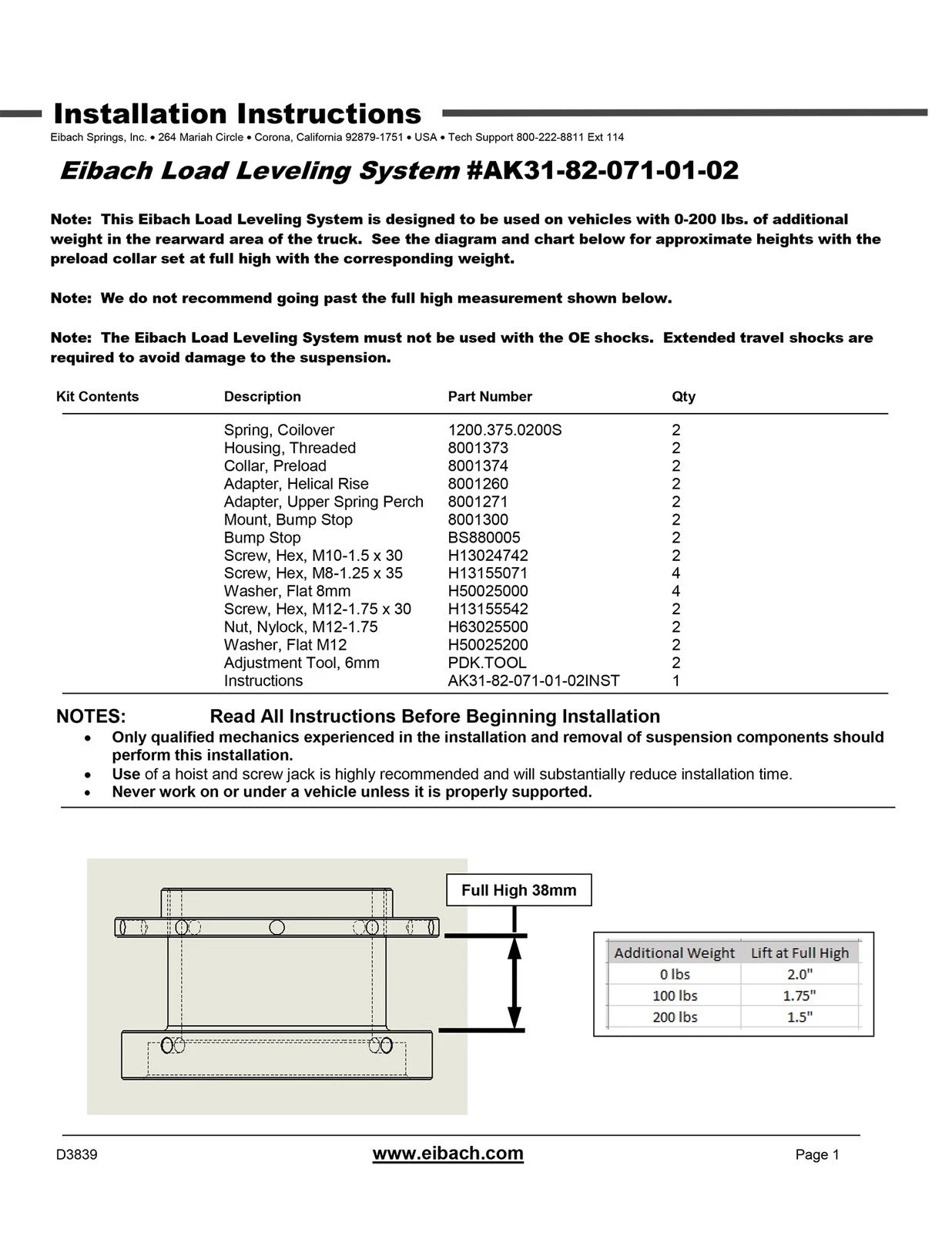 Eibach Load-Leveling System 2010-2020 Toyota 4Runner - Load Rating 0-200 lbs