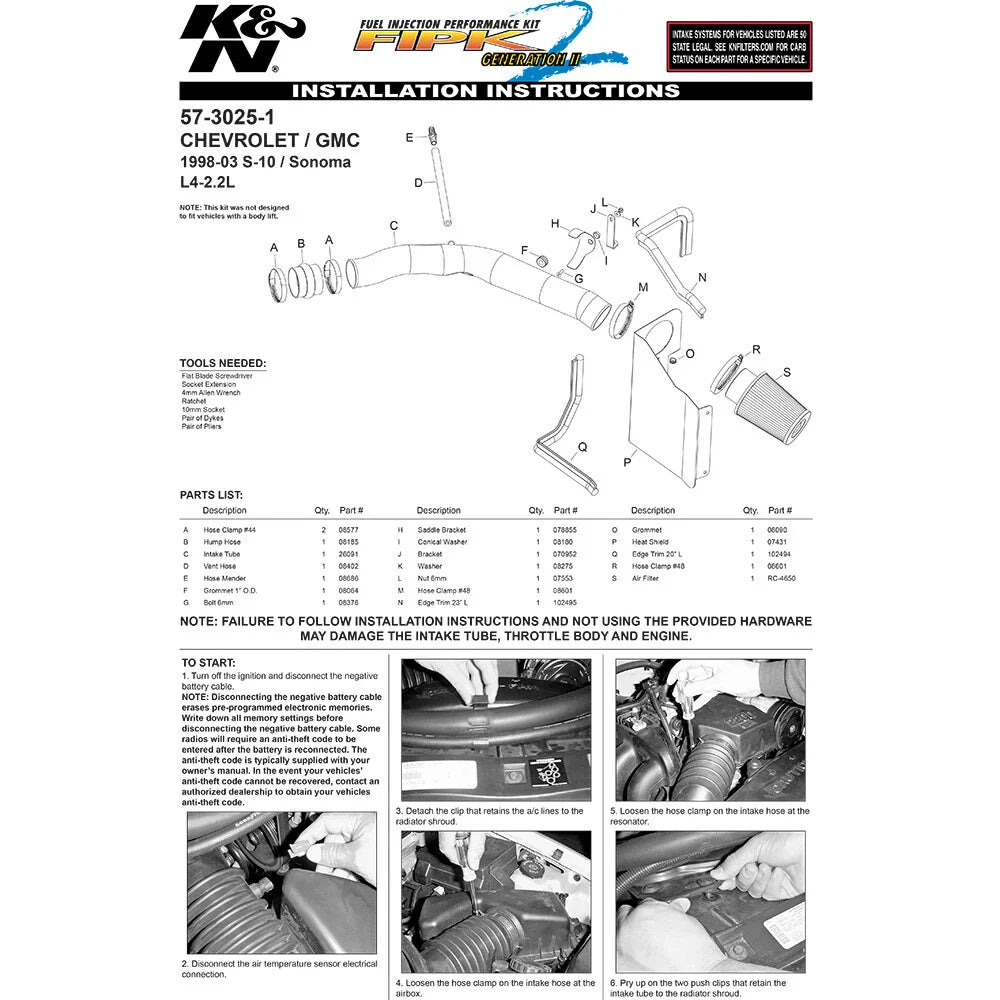 K&N 98-03 Chevy S-10 L4-2.2L Performance Intake Kit