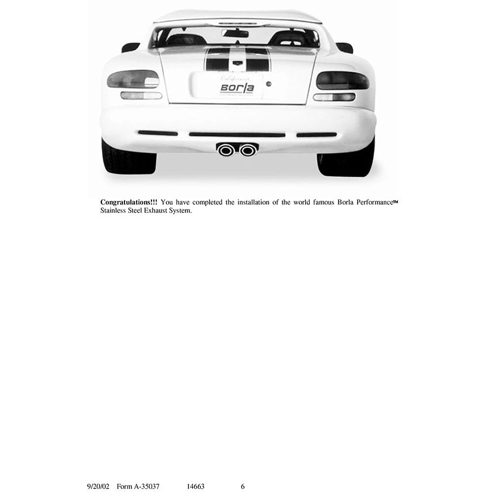 Borla 96-02 Viper GTS/R/T-10 Coupe/Convertible 2dr w/ 2.5in Inlets SS Catback Exhaust System