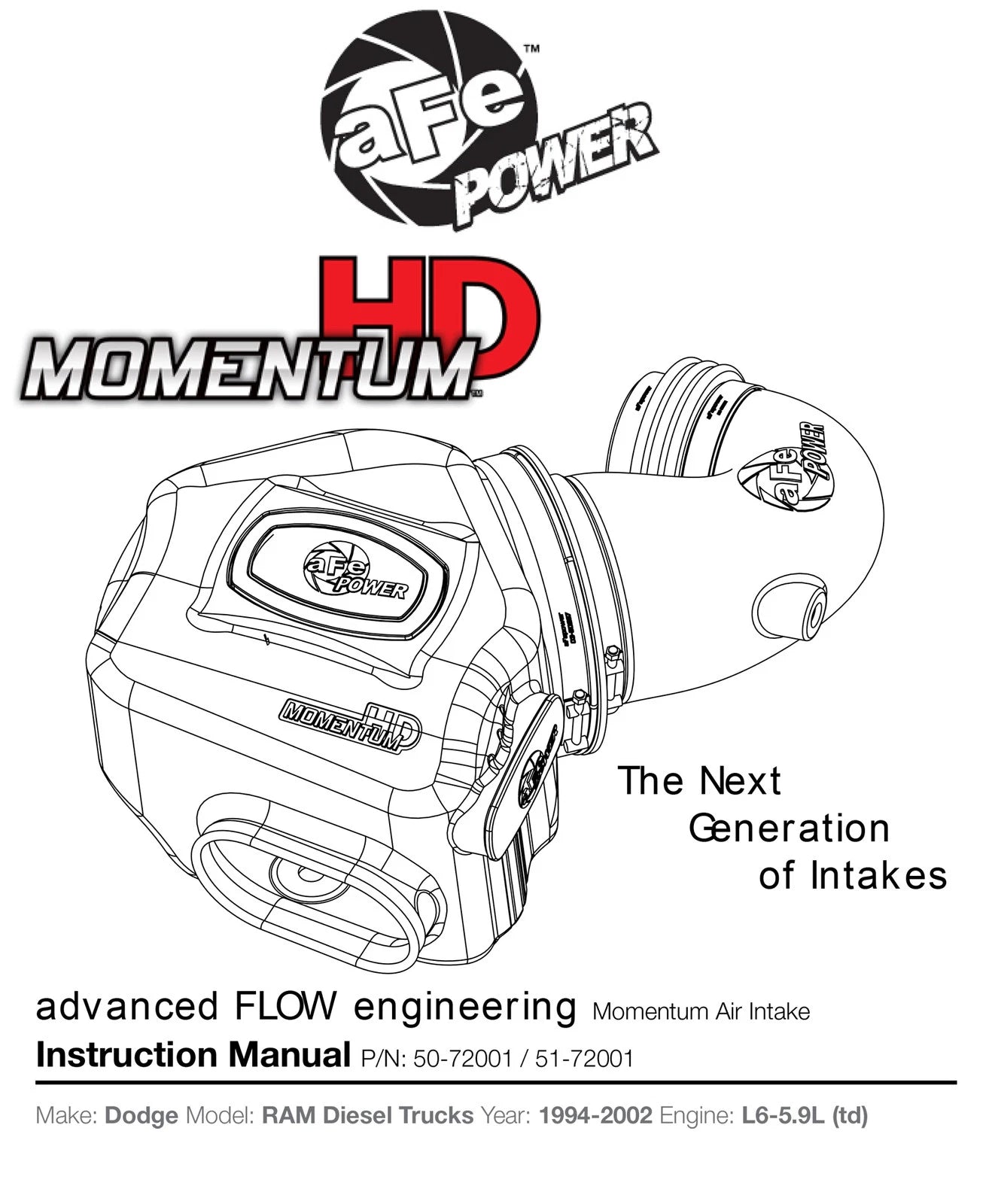 aFe Momentum HD PRO 10R Cold Air Intake 94-02 Dodge Diesel Truck L6-5.9L (td)