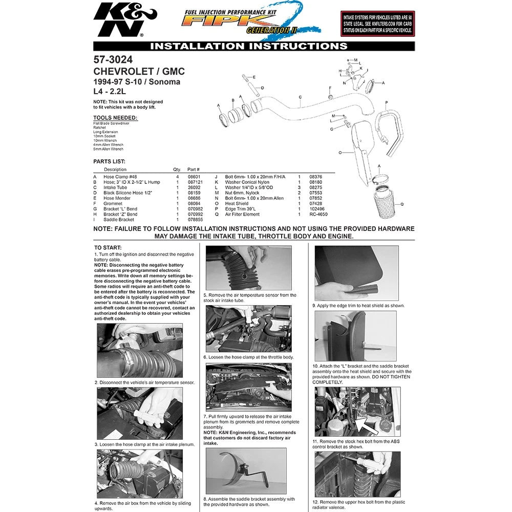 K&N 94-97 Chevy S10 / GMC Sonoma L4 2.2L Performance Intake Kit