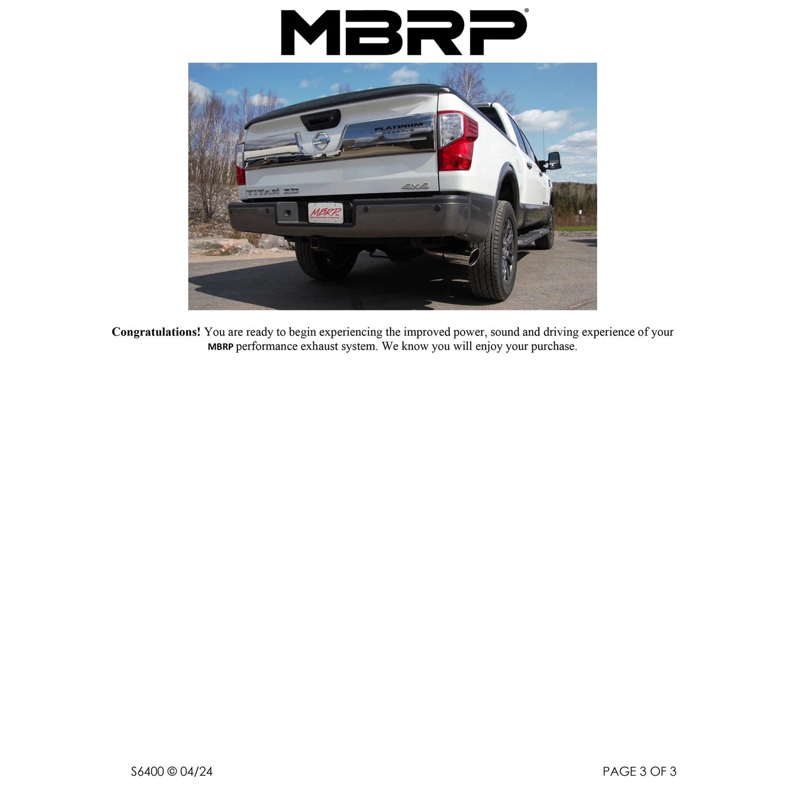 MBRP 16-19 Nissan Titan XD 5.0L 4in Filter Back Single Side Exit Alum Exhaust System