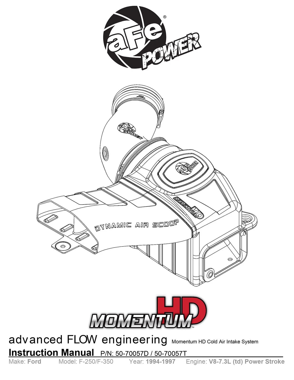 aFe POWER Momentum HD Cold Air Intake System w/ Pro Dry S Media 94-97 Ford Powerstroke 7.3L