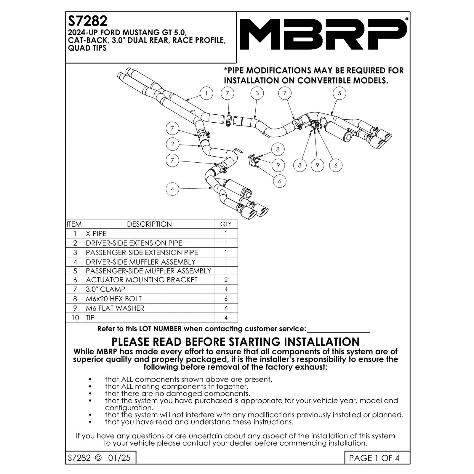 MBRP 2024+ Ford Mustang 5.0L Blk Alum. SS 3in Cat-Back Exhaust w/ Quad Blk Tips (Valve Delete)