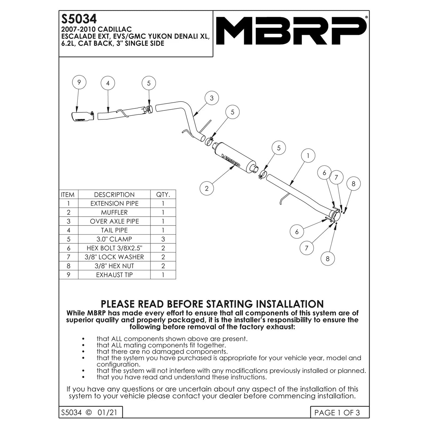 MBRP 2007-2009 Cadillac/GMC Escalade EXTESV/Yukon Denali XL 6.2L Cat Back Single Side