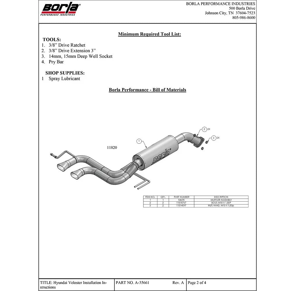Borla 12-14 Veloster 1.6L AT/MT FWD 2dr 2.25in No Tips SS Exhaust (rear section only)