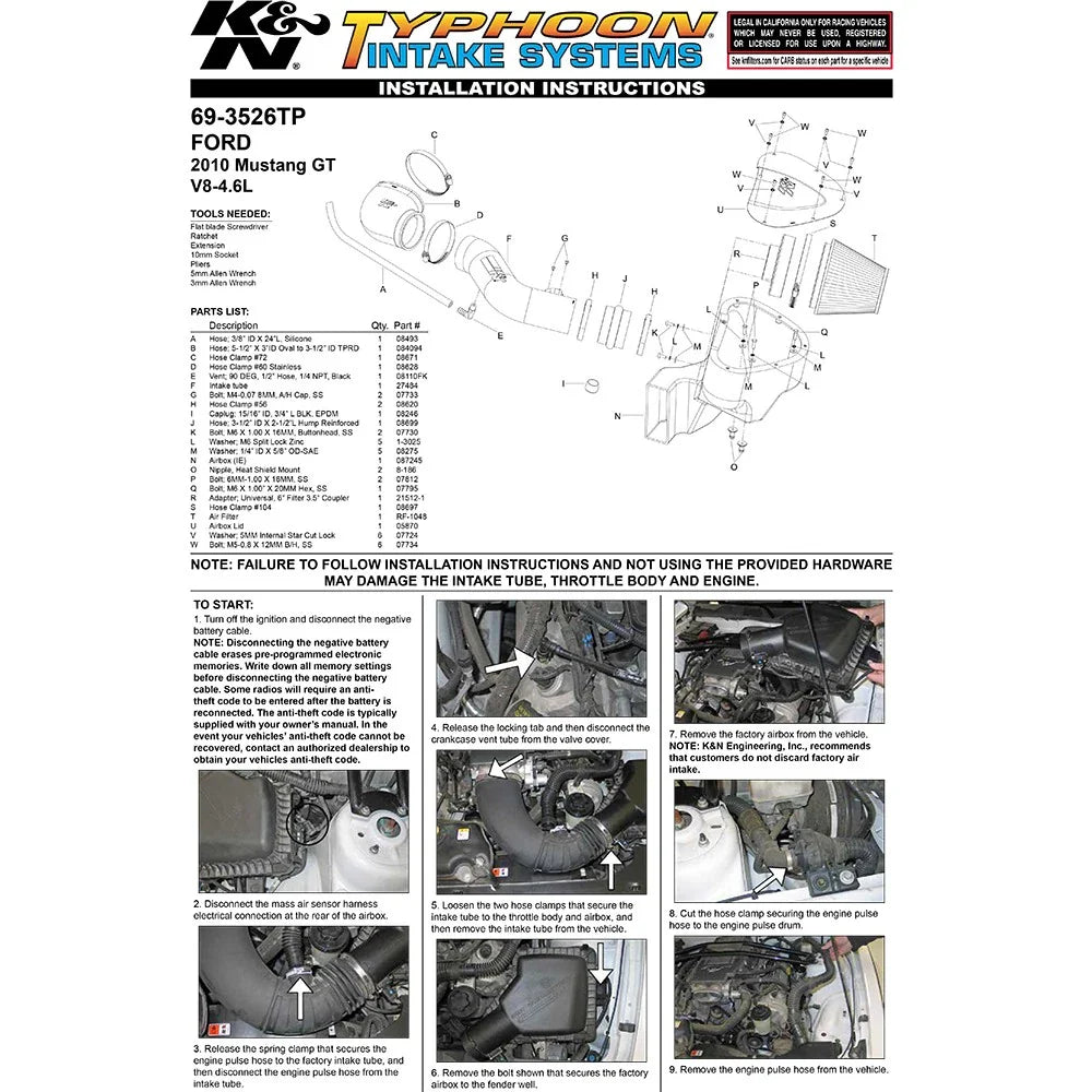 K&N 10 Ford Mustang GT 4.6L V8 Typhoon Cold Air Intake