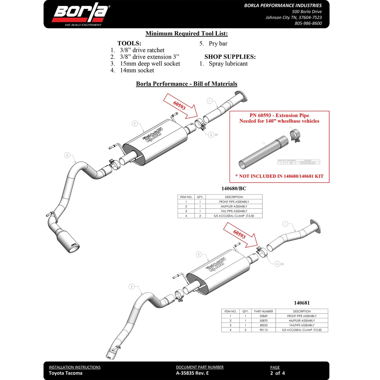 Borla 16-23 Toyota Tacoma 3.5L V6 4DR CC Short Bed S-Type SS 2.5in Catback Exhaust