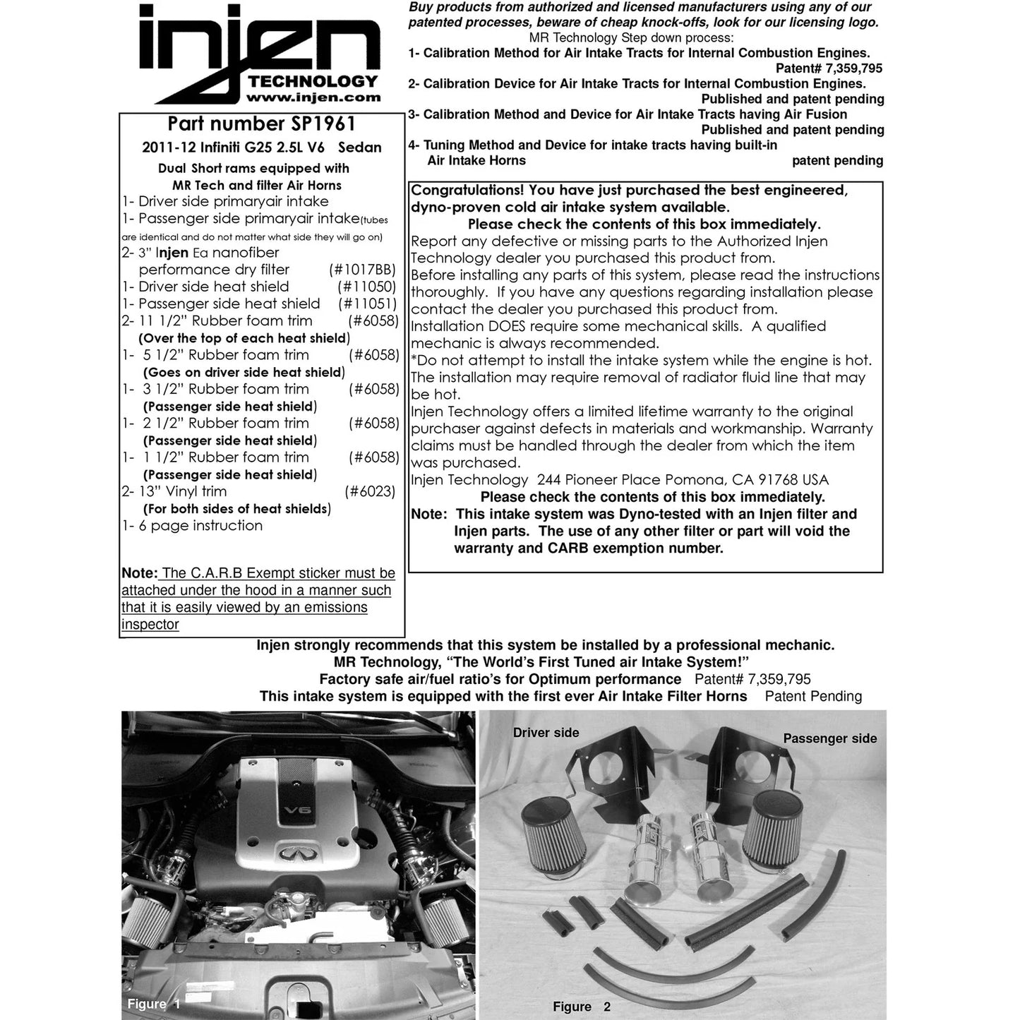Injen 12 Infiniti G25 2.5L V6 Dual Black Short Ram Intake w/ MR Technology