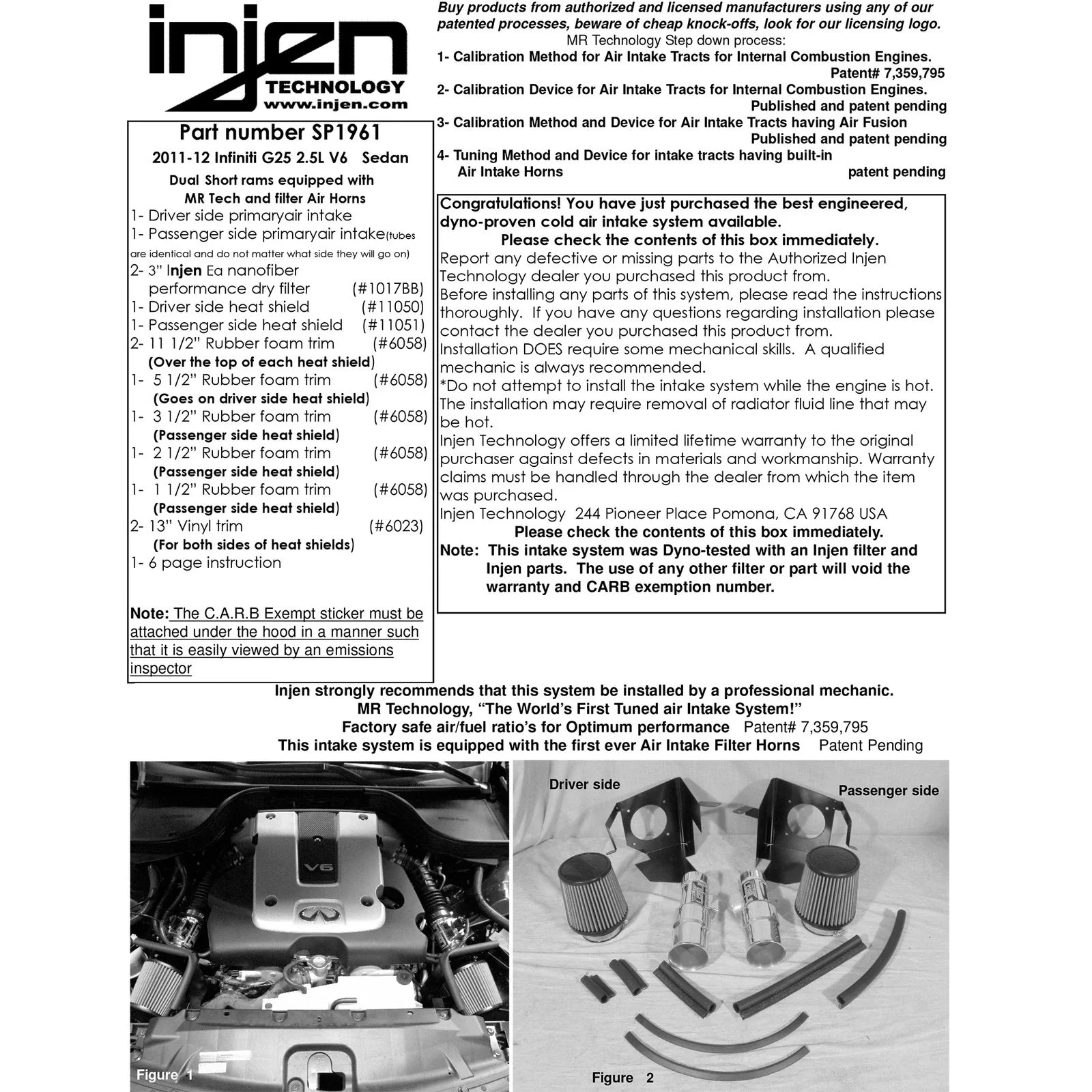Injen 12 Infiniti G25 2.5L V6 Dual Black Short Ram Intake w/ MR Technology