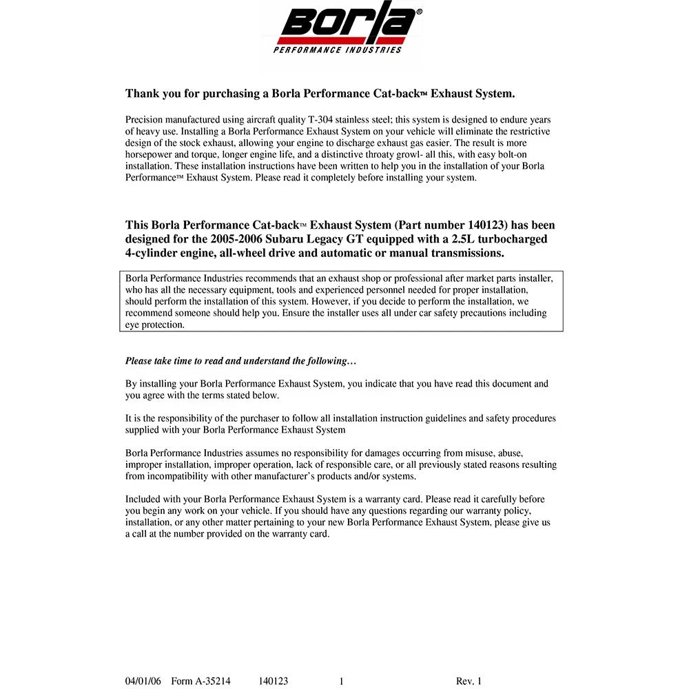 Borla 05-08 Subaru Legacy GT Cat-Back System