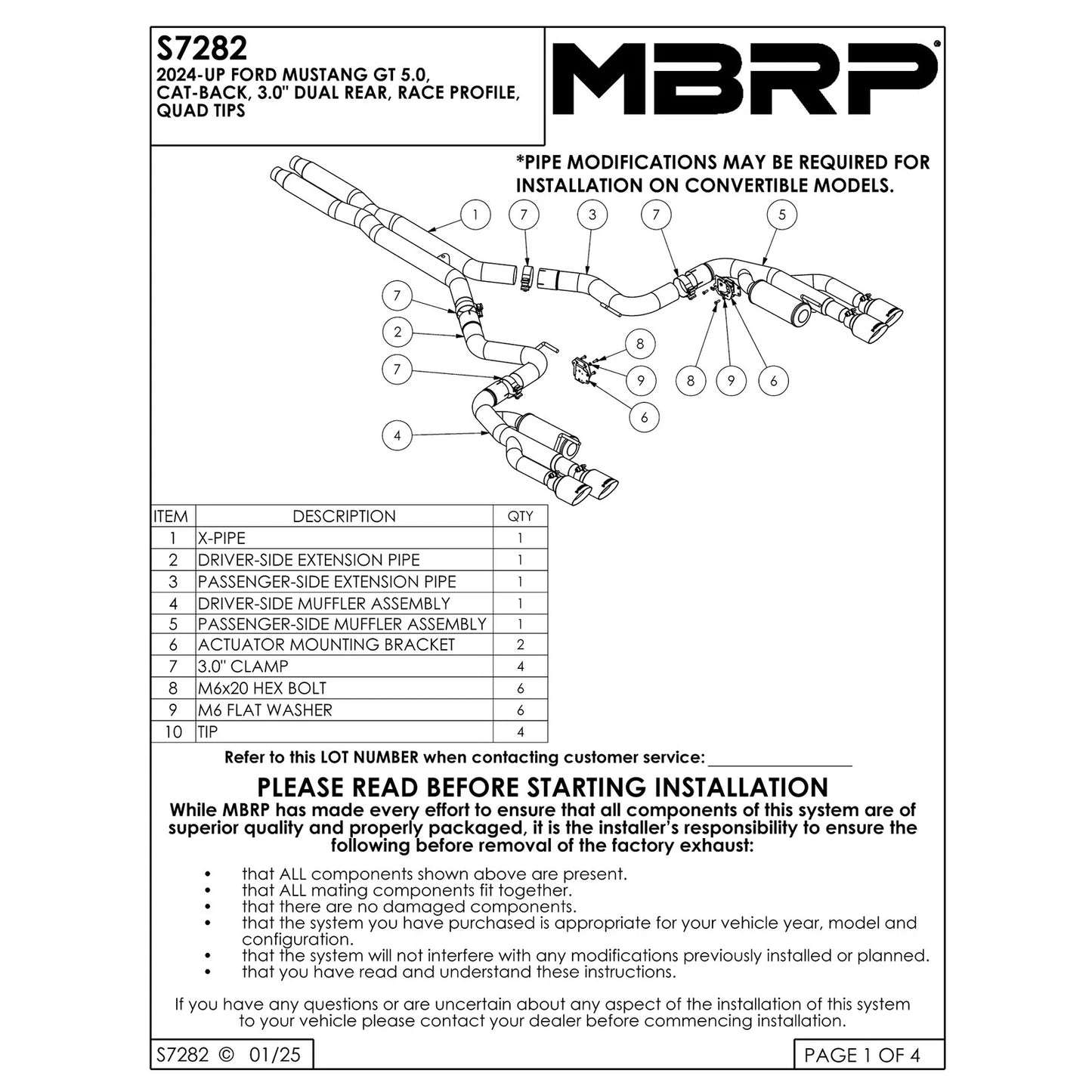 MBRP 2024+ Ford Mustang 5.0L T304 SS 3in Cat-Back Dual Split Exhaust w/ Quad Tips (Valve Delete)