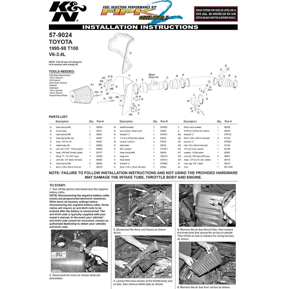 K&N  95-98 Toyota T100 V6-3.4L Performance Intake Kit