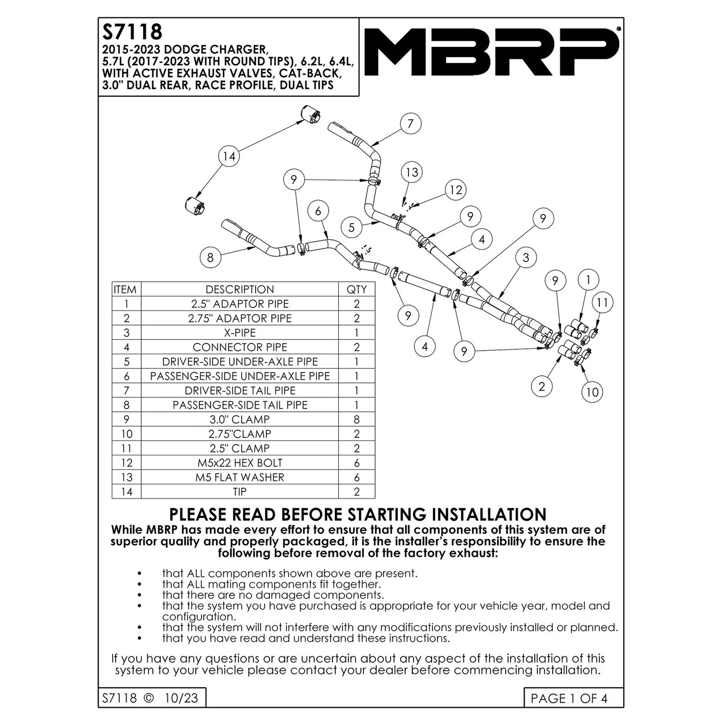 MBRP 17-21 Charger 5.7L/6.2L/6.4L 3in Race Profile Cat-Back w/ Dual Tips Aluminized Steel Exhaust