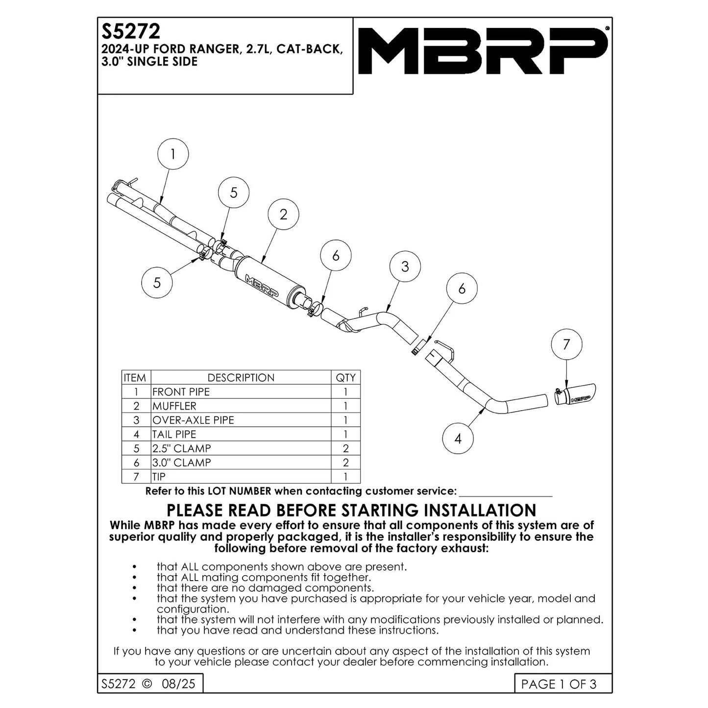MBRP 2024+ Ford Ranger 2.7L 2.5 into 3in Single Side Exit Cat Back - Aluminum