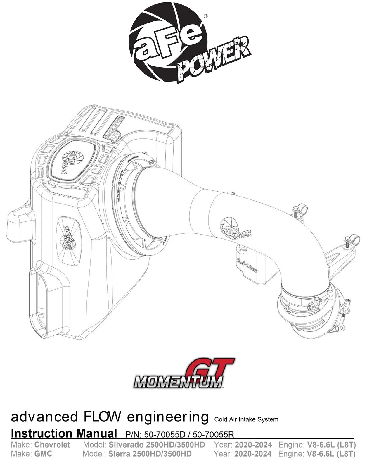 aFe Momentum Cold Air Intake System w/Pro Dry S Filter 20 GM 2500/3500HD 2020 V8 6.6L