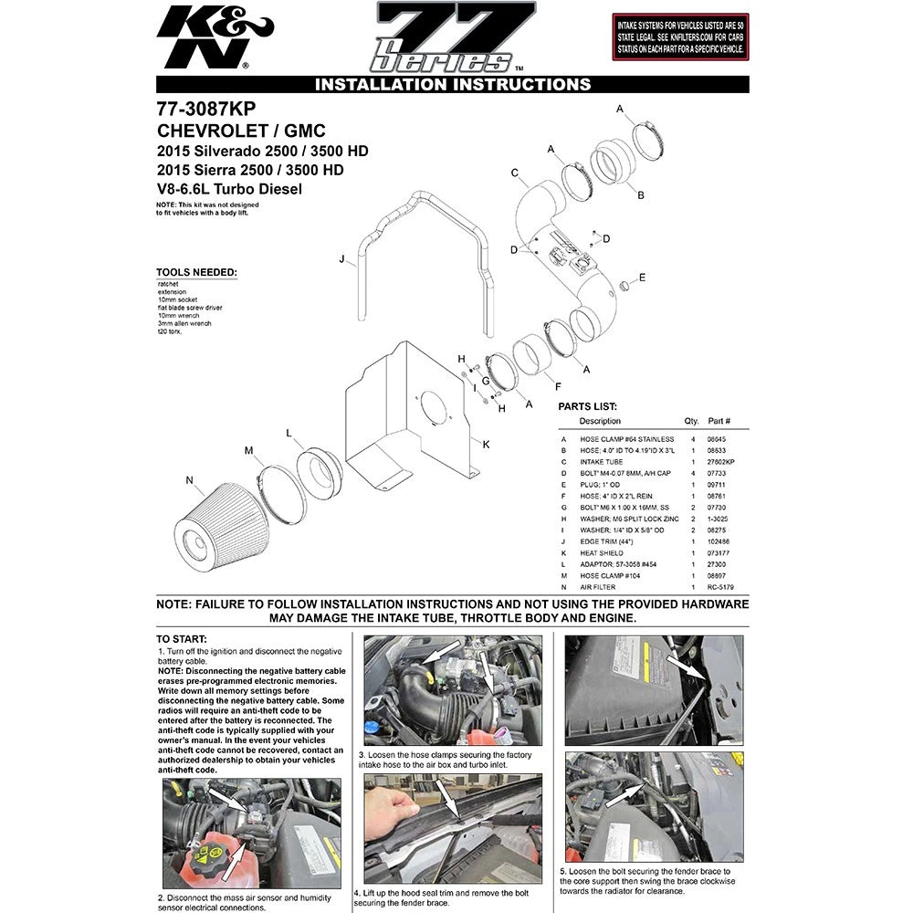 K&N 77 Series Performance Intake Kit for 2015 Chevrolet Silverado/GMC Sierra 2500 / 3500 6.6L V8