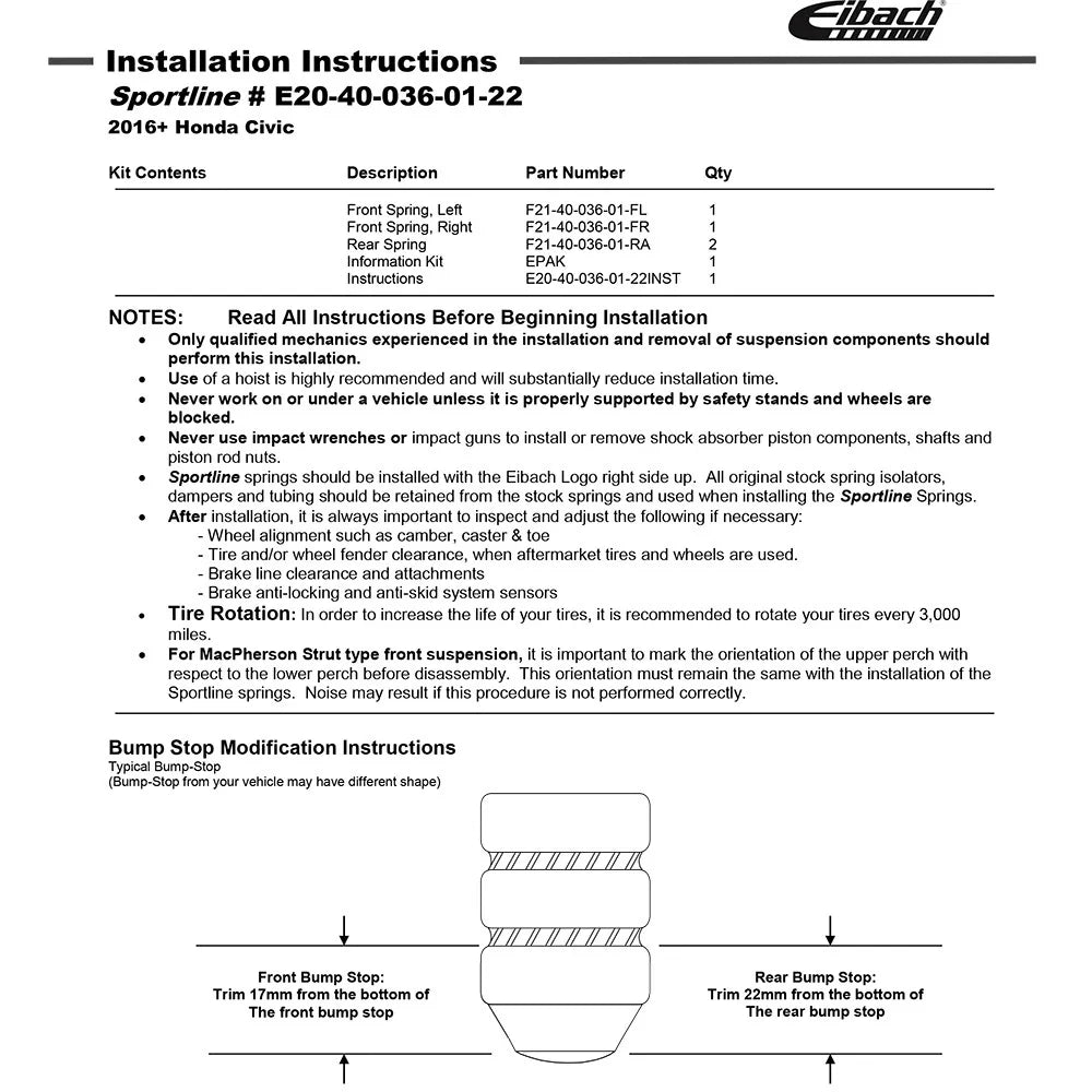 Eibach Sportline Kit for 16-17 Honda Civic 1.5L
