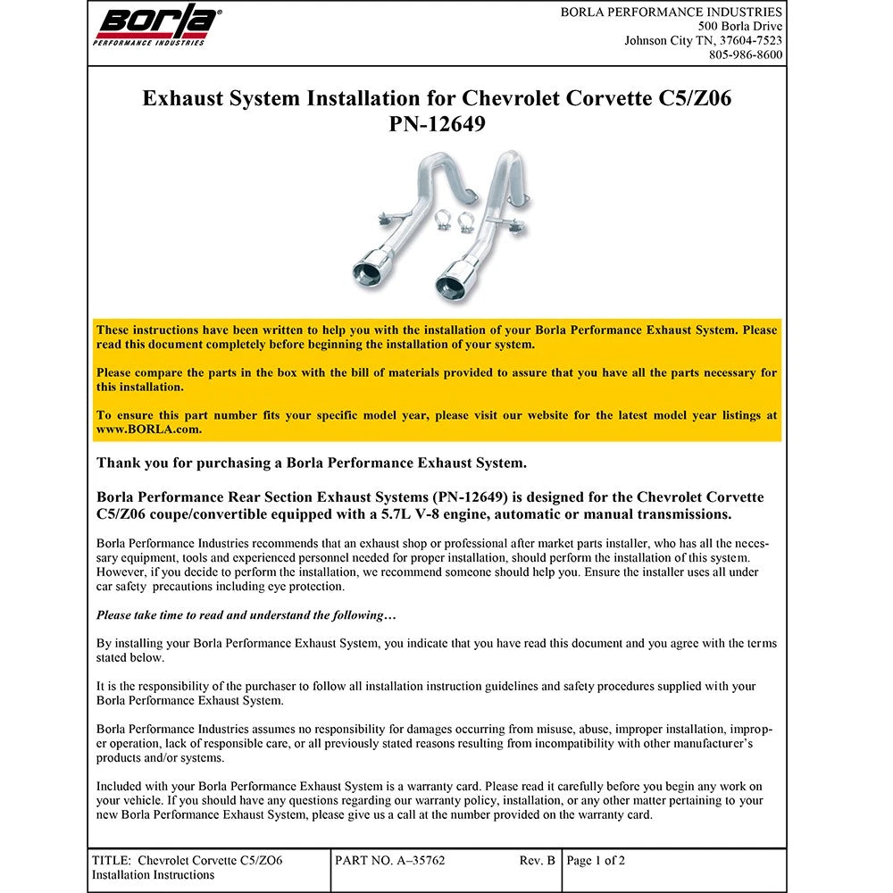 Borla 97-04 Chevrolet Corvette 5.7L 8cyl RWD Very Aggressive Catback Exhaust - Off-Road/Racing