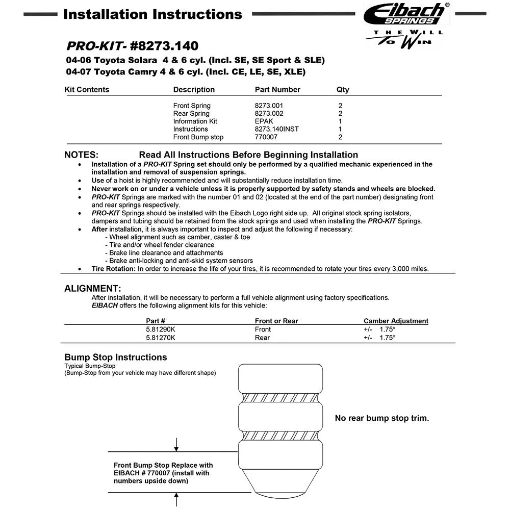 Eibach Pro-Kit for 04-09 Toyota Camry / 04-08 Toyota Solara