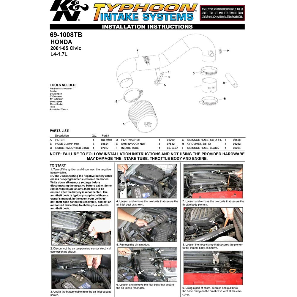 K&N 01-05 Honda Civic SR L4-1.7L Blue Typhoon Short Ram Intake