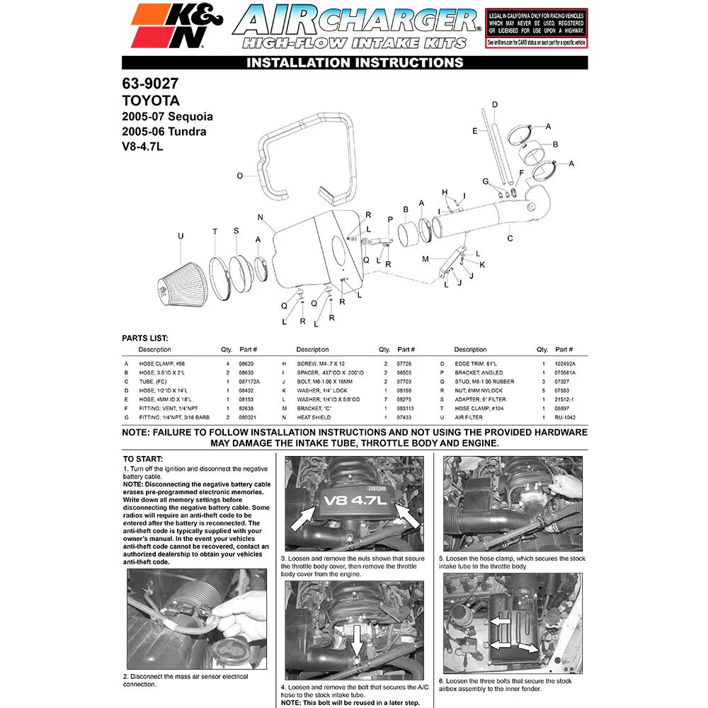 K&N 05-07 Toyota Tundra/Sequoia V8-4.7L AirCharger Performance Intake