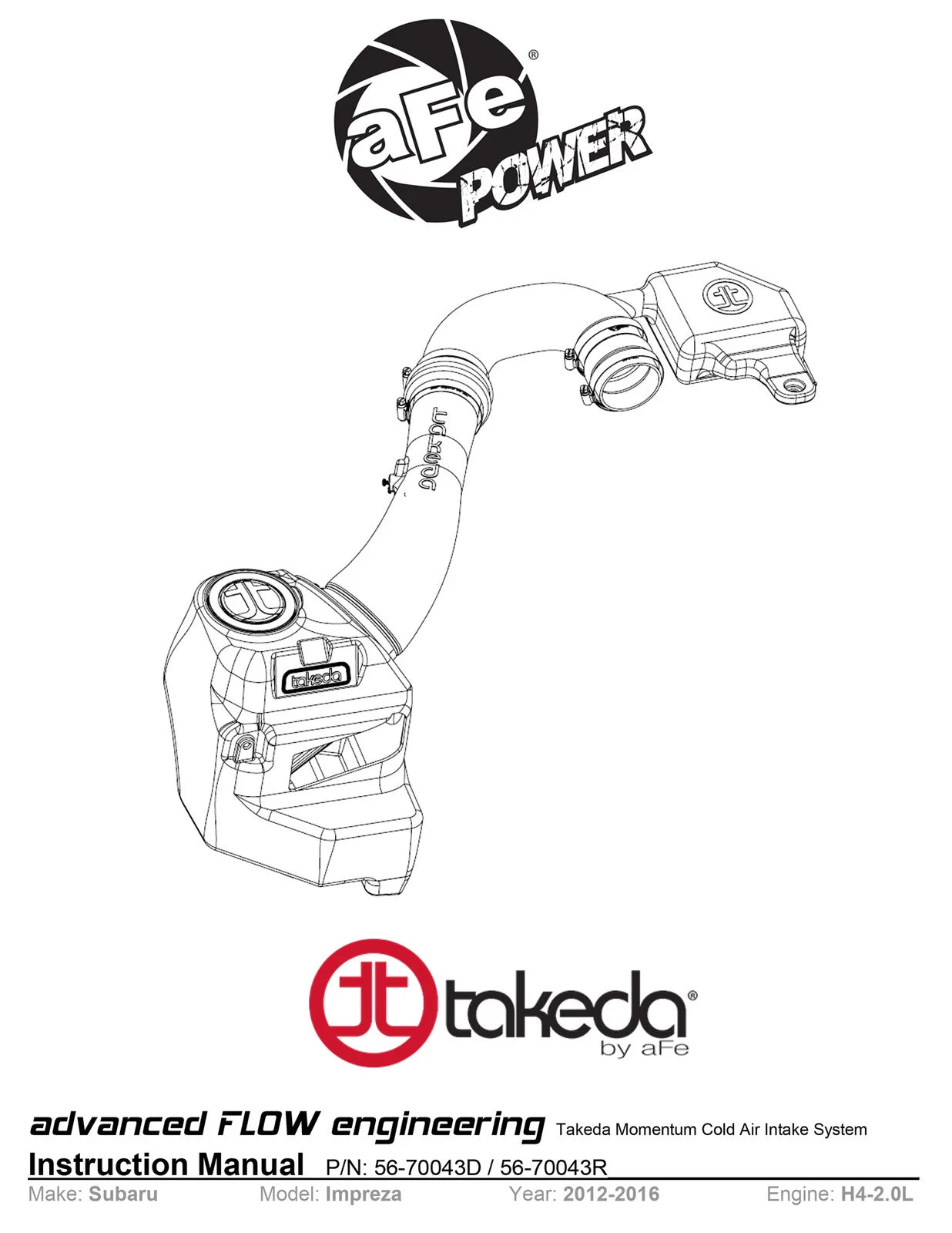 aFe Takeda Momentum Pro DRY S Cold Air Intake System 12-16 Subaru Impreza H4-2.0L