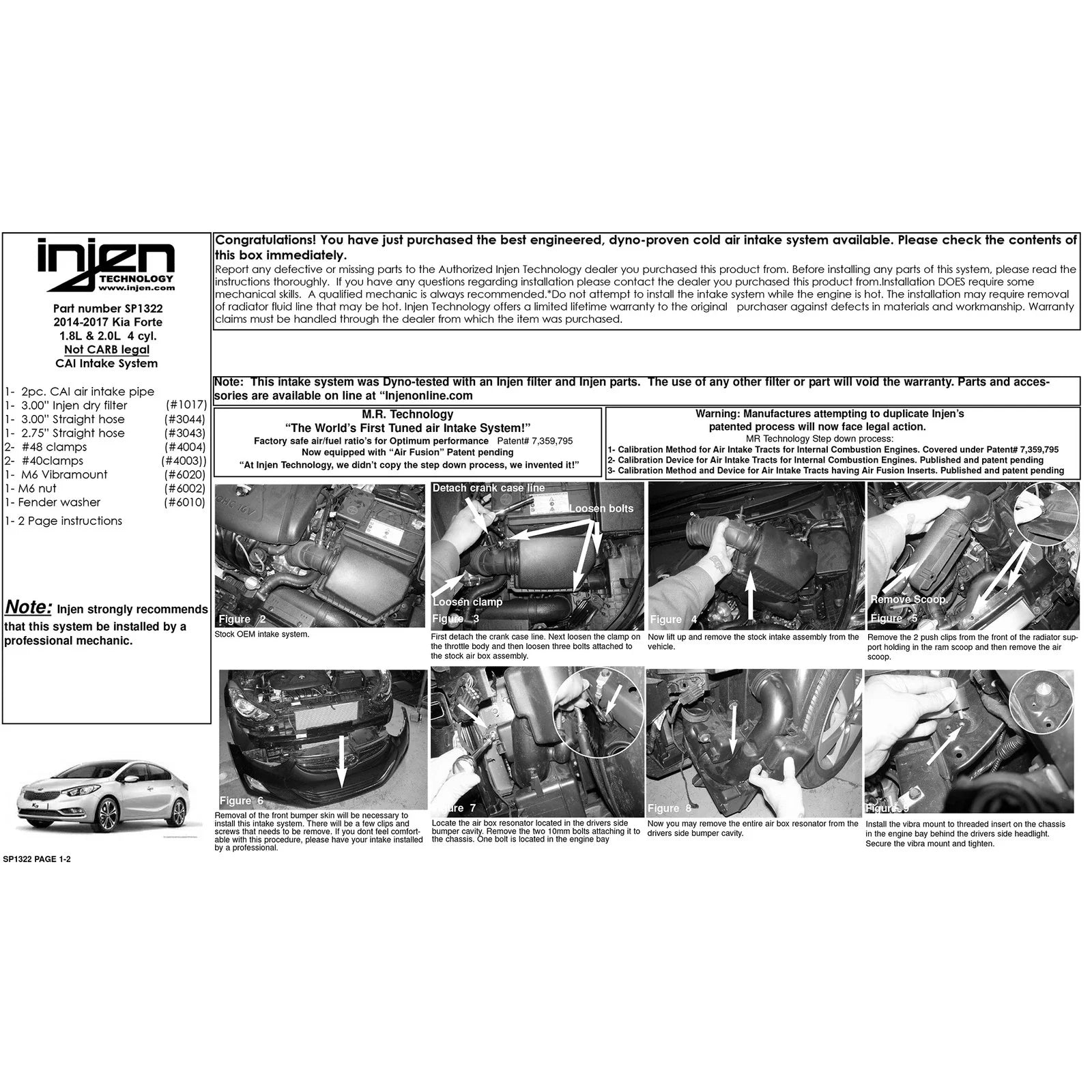 Injen 2014 Kia Forte 1.8L 4 Cyl. Black Two piece Cold Air Intake (Converts to Short Ram Intake)