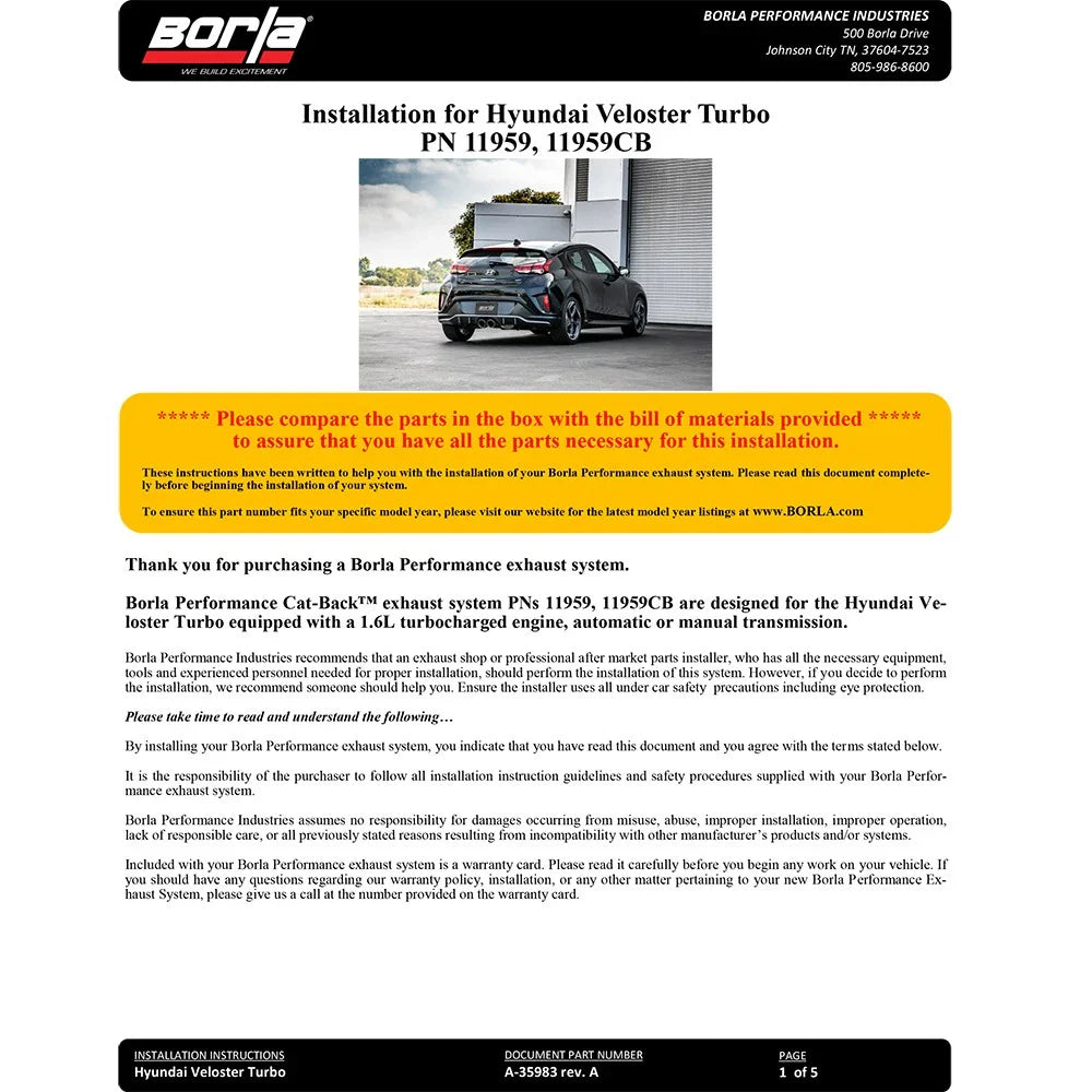 Borla 2019 Hyundai Veloster 1.6L FWD S-Type Exhaust (Rear Section Only)