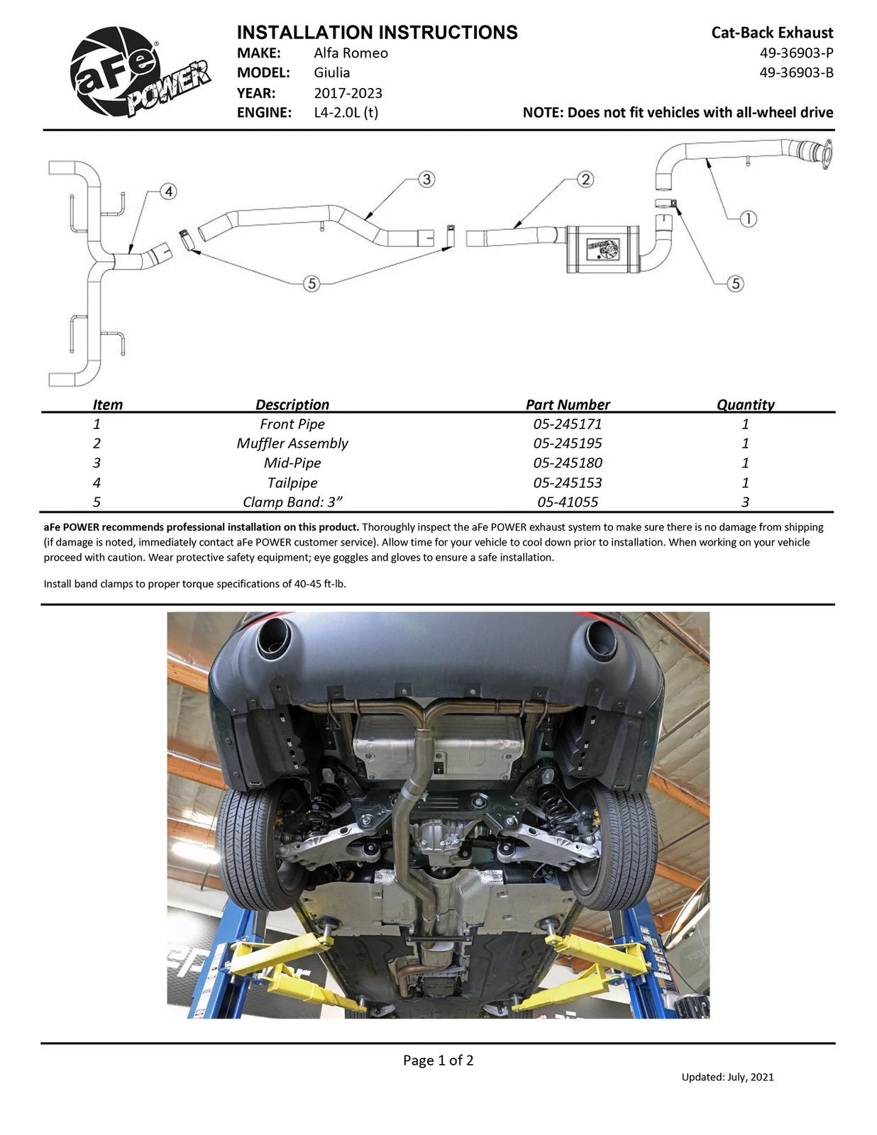 aFe 17-21 Alfa Romeo Giulia L4-2.0L (t) Mach Force-Xp 2in to 2-1/2in 304SS Cat-Back Exhaust