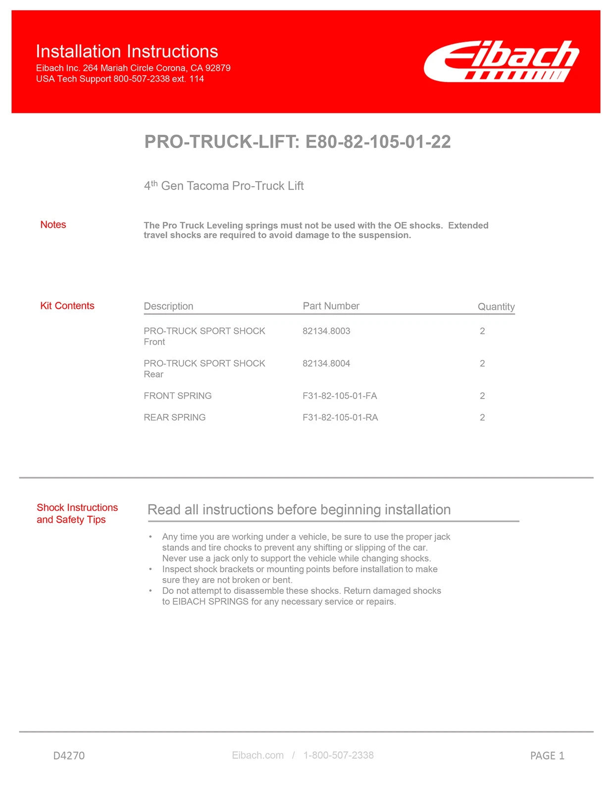 Eibach 2024+ Toyota Tacoma (4th Gen) Pro-Truck Lift Kit