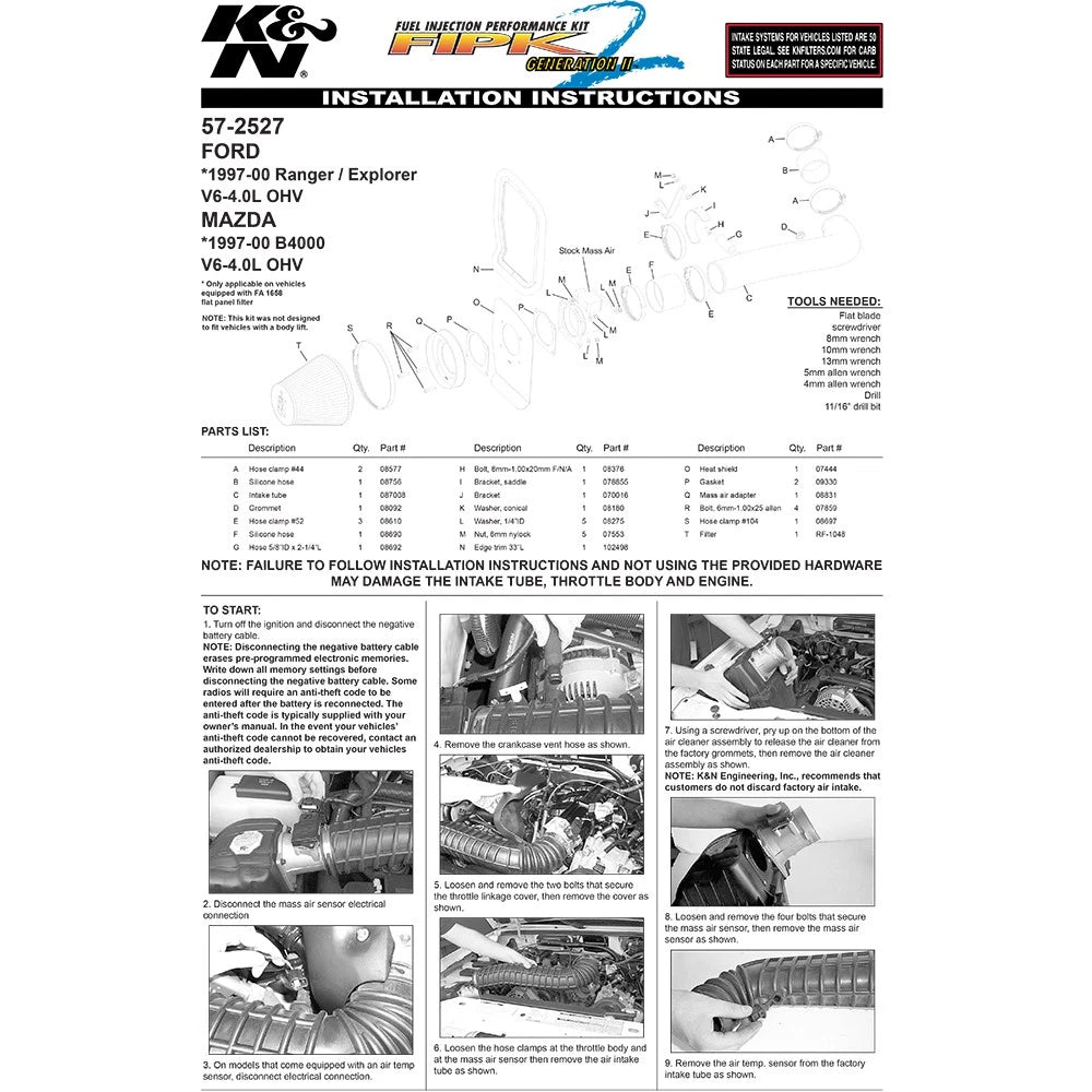 K&N 97-00 Ford Ranger V6-4.0L Performance Intake Kit