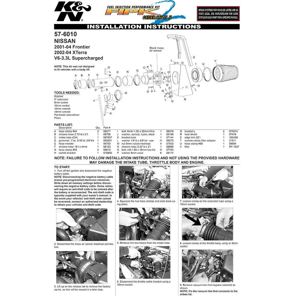 K&N 01-04 Nissan Frontier V6-3.3L S/C Performance Intake Kit