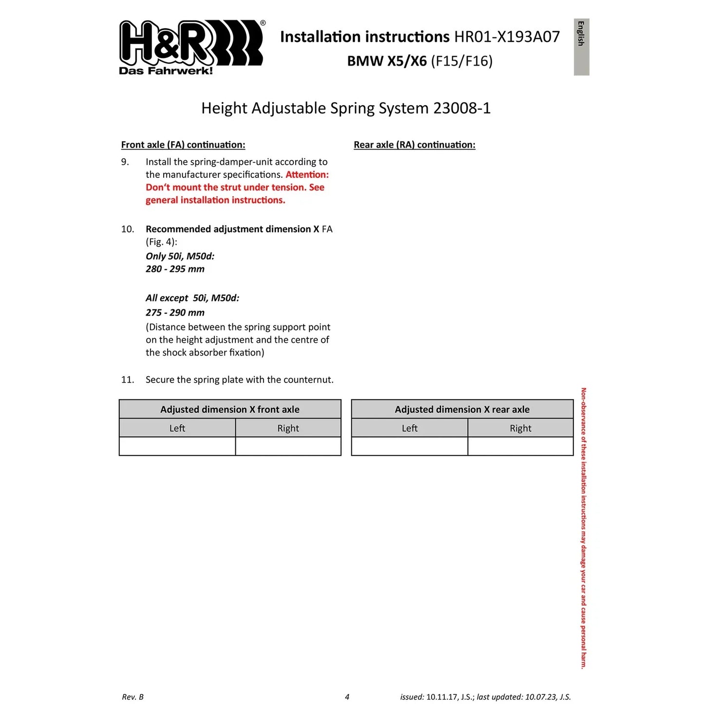 H&R 15-19 BMW X6 M F86 VTF Adjustable Lowering Springs