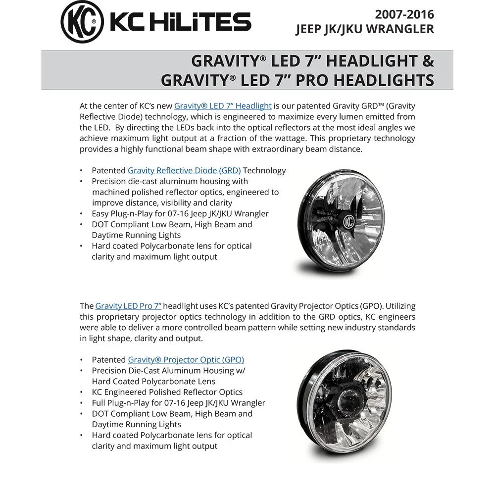 KC HiLiTES 07-18 Jeep JK (Not for Rubicon/Sahara) 7in. Gravity LED DOT Headlight (Pair Pack System)