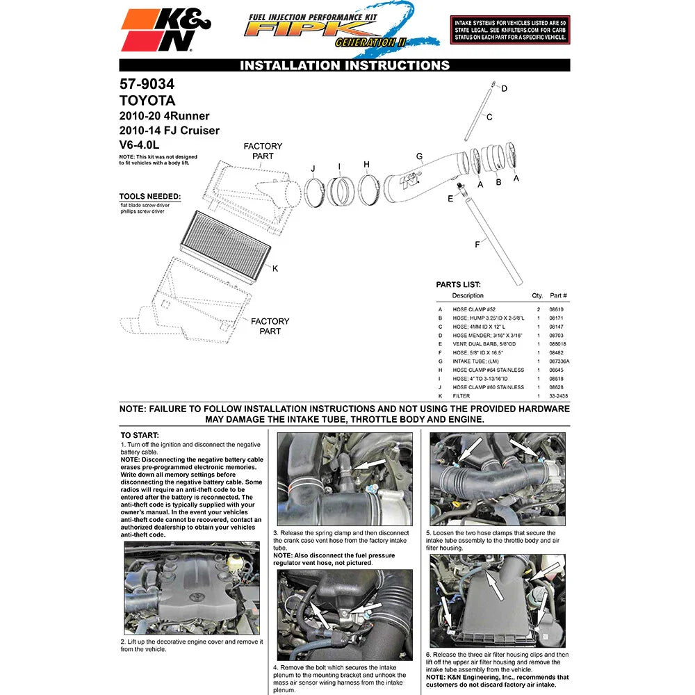 K&N 15-19 Toyota 4 Runner V6-4.0L Performance Air Intake Kit