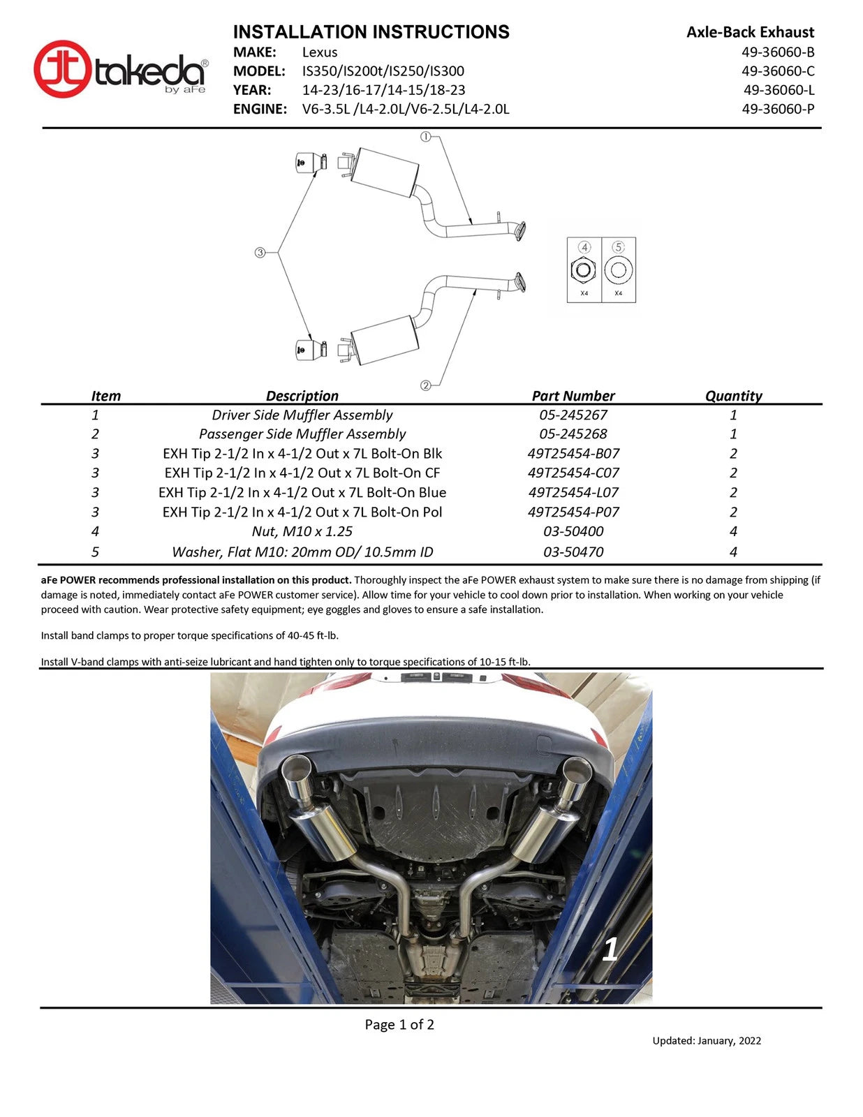 aFe Lexus IS350 14-22 V6-3.5L Takeda Axle-Back Exhaust System- Carbon Fiber Tip