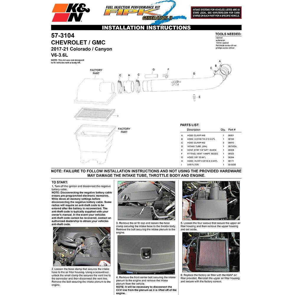 K&N 17-20 Chevrolet Colorado V6-3.6L F/I 57 Series FIPK Performance Intake Kit