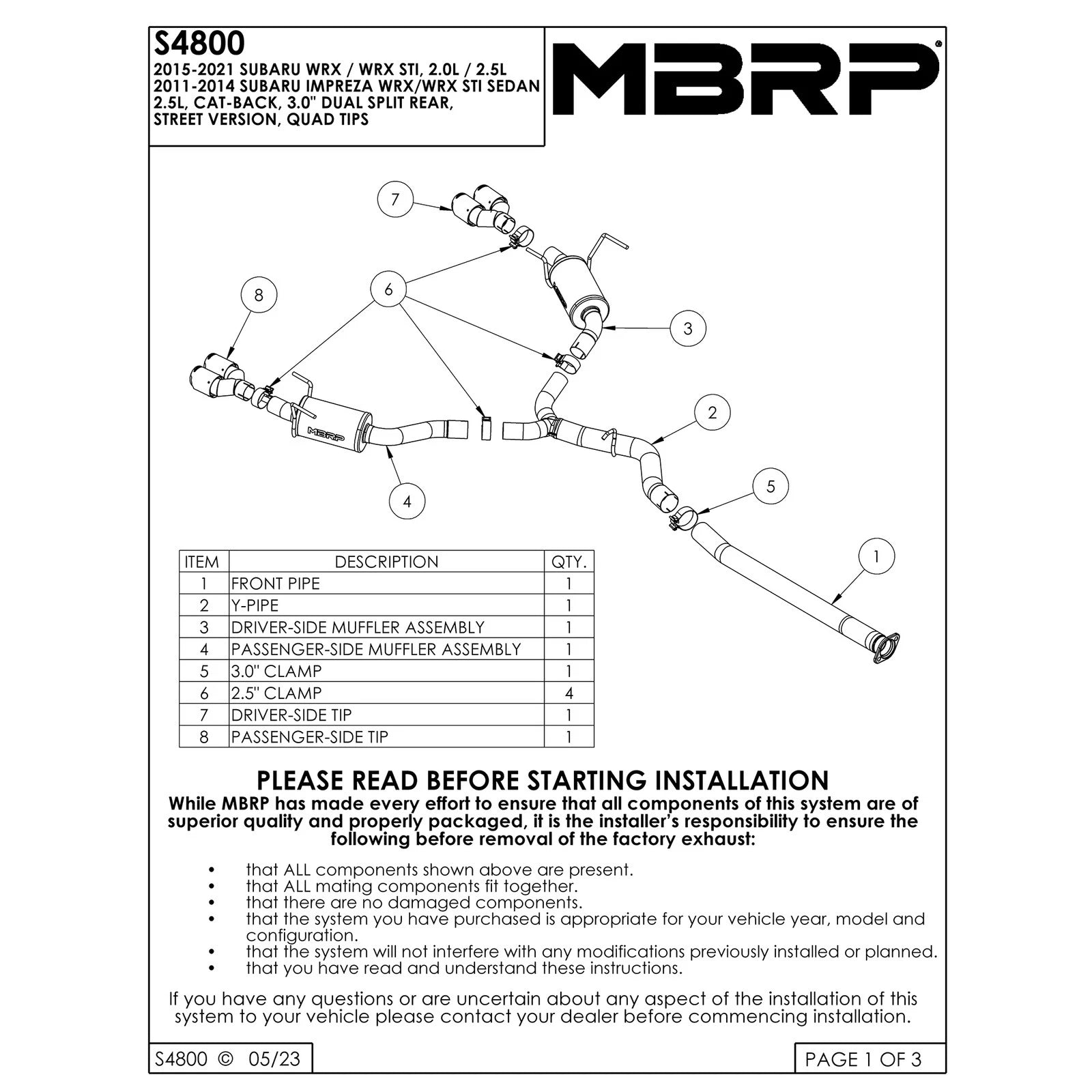 MBRP 15-19 Subaru WRX 2.0L/STI 2.5L 3in Dual Split Rear Exit w/ 3.5in Tips - T304 (Street Version)