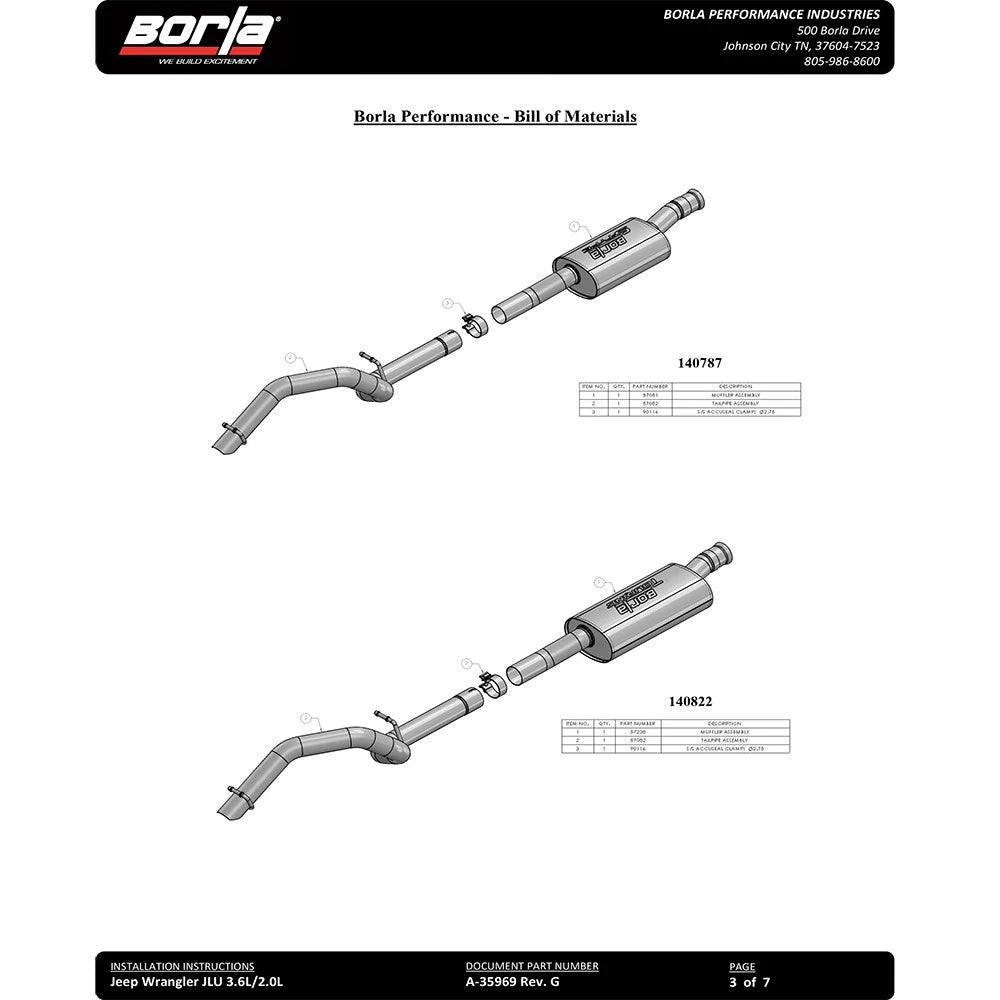 Borla 18-20 Jeep Wrangler 3.6L AT/MT 4WD 2DR Touring Cat-back